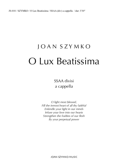 Cover image for O Lux Beatissima